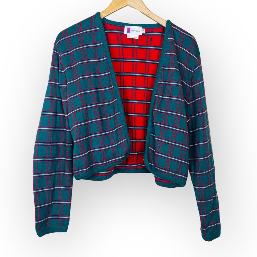 VINTAGE Green Plaid Long Sleeve Knit Cropped Cardigan Sweater MED PROPHECY USA
